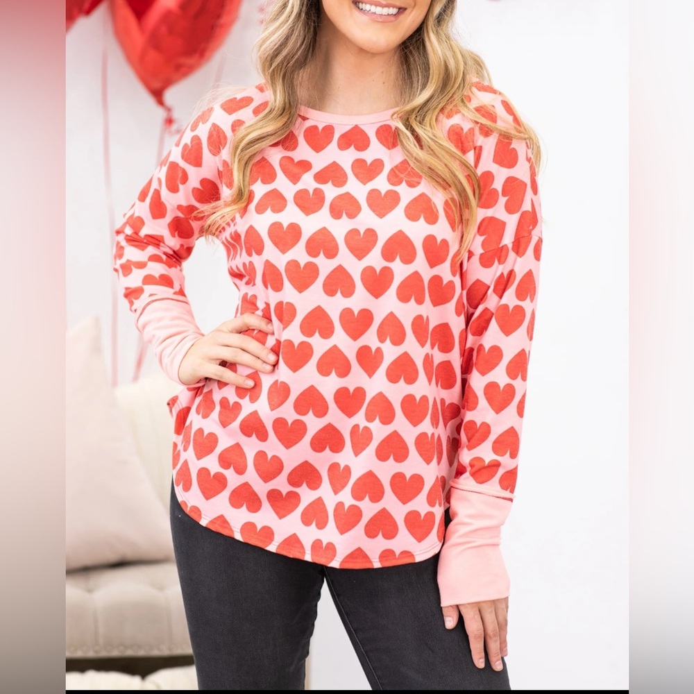 New! Bibi Light Pink and Red Heart Print Top